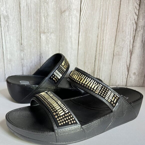 Slip on sandals, black w gold beads on straps, size 8 US - Picture 1 of 16